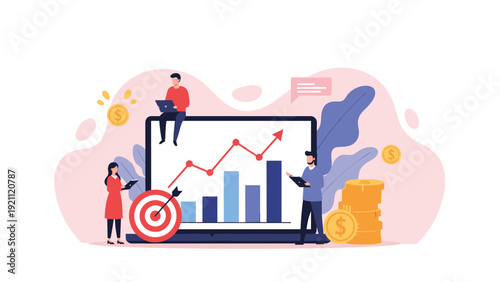 Business team working together near giant laptop with financial growth charts and target icons for strategic market analysis.