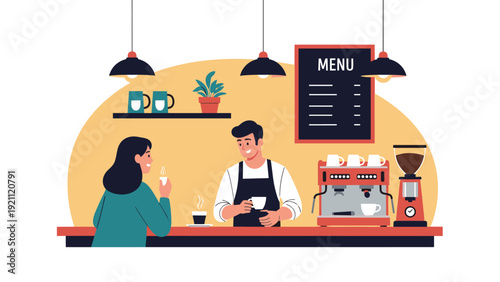 Friendly male barista in black apron serving a cup of hot coffee to a woman customer at a modern cafe bar counter.