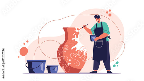 Creative male potter in black apron painting a large ceramic vase with intricate patterns in his art studio workshop.