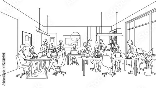 business team actively working on laptops and collaborating in a modern open-plan office reflecting corporate teamwork and productivity.