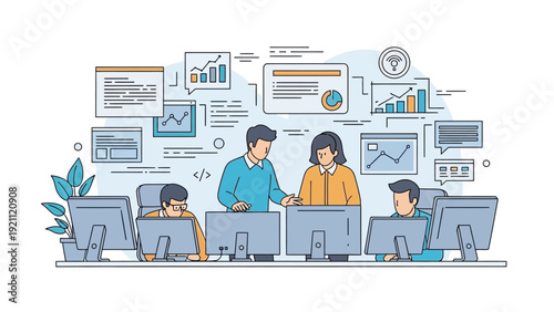 business team collaborating analyzing data and discussing project strategy in a modern tech office with digital interfaces.