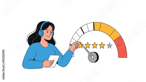 Happy customer gives a five star rating and positive feedback using a mobile device for a quality service or product.