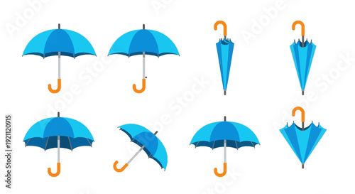 Collection of blue umbrellas in various positions and states.