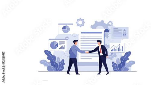 Successful business partners finalize an agreement with a handshake in front of a giant document and data charts.