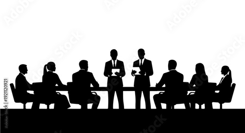 business team silhouettes collaborating presenting strategies in a corporate meeting at conference table symbolizing leadership teamwork.