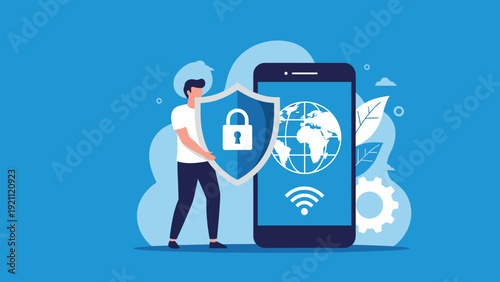 Brave security expert holds a shield to protect a giant smartphone from digital threats and global cyber attacks.