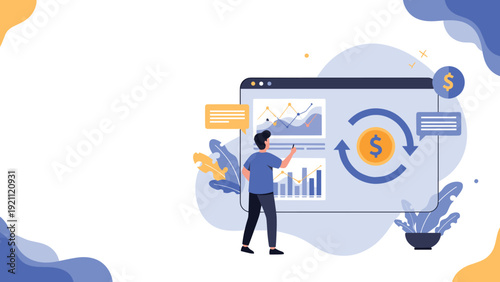 Financial analyst monitors global currency exchange rates and stock market trends on a large digital screen dashboard.