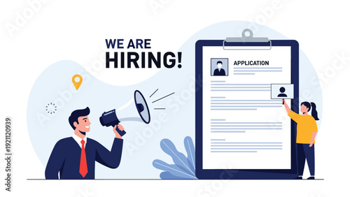 Recruiting team announces new job openings with a megaphone and giant application form on a clipboard in the office.