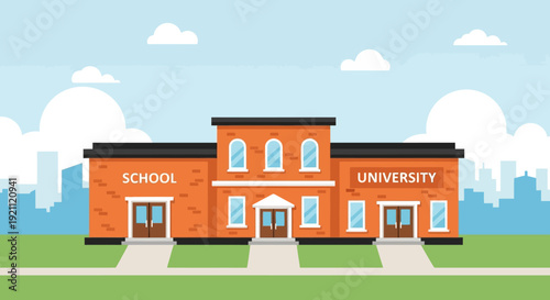 Illustration of a school and university building with orange facade and black roof.