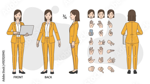 businesswoman vector character kit full-body views diverse hand gestures expressions laptop interaction for business use.
