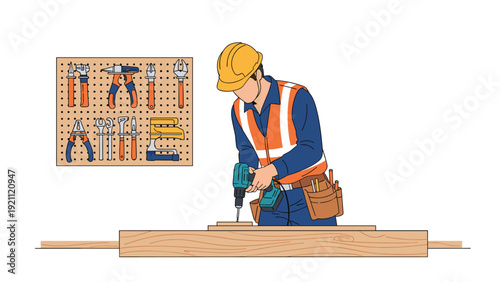 Skilled carpenter or construction worker in a safety vest and helmet uses a power drill to work on a wooden project.