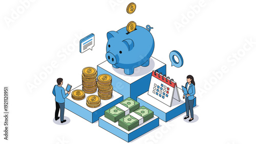 Financial planning experts manage savings and budget with a large piggy bank, stacks of coins, and cash on a platform.
