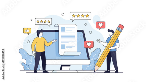 Content creators review feedback and ratings on a large computer screen with a giant pencil and document icons.