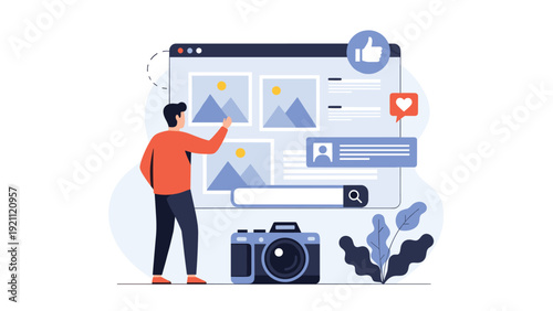 Professional photographer manages his digital gallery and portfolio on a large screen with likes and heart icons.