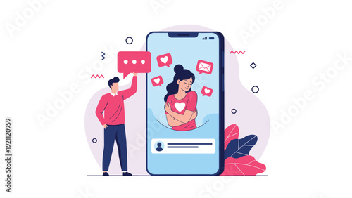 Happy couple uses a dating app to find love and connect with heart icons on a large mobile smartphone screen.