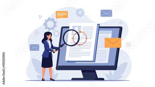 HR professional uses a magnifying glass to review a candidate resume and curriculum vitae on a large monitor screen.
