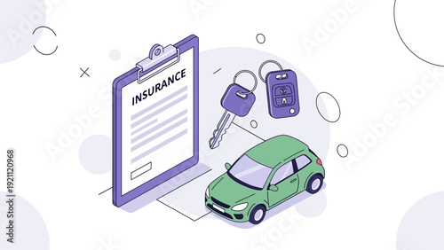 car insurance policy document car keys and green vehicle in isometric illustration symbolizing auto protection ownership and safety.