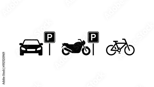 car motorcycle and bicycle parking icons with p signs a simple black and white graphic representing organized urban transport solutions.
