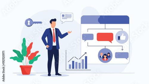 Professional manager presents a team communication and feedback strategy with icons on a large whiteboard or screen.