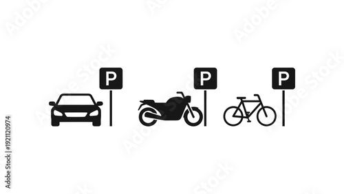 car motorcycle and bicycle parking signs clearly designating urban mobility transport areas for web design and app icons.