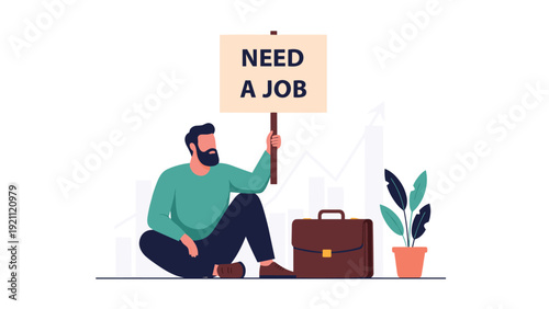 Unemployed man sits on the ground with a sign asking for work near his briefcase and a rising business chart background.