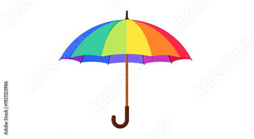 Colorful rainbow umbrella with vibrant hues and wooden handle.