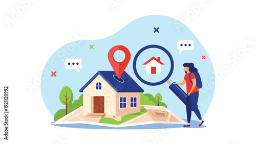 Young woman uses a large magnifying glass to search for a new home on a digital map with a location pin icon.
