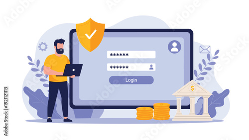 User logging into a secure bank account on a large screen with a shield icon for cyber security and personal financial protection.