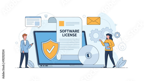 Two people discussing software license terms next to a giant laptop with a shield icon for legal compliance and data protection.