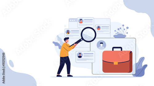 Human resources manager using a magnifying glass to search through candidate profiles for a job opening in a professional briefcase.