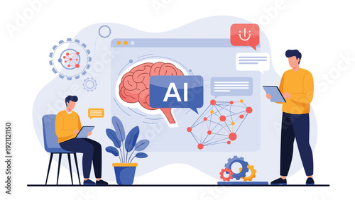 Group of professionals working on artificial intelligence development with a human brain diagram and neural network icons.