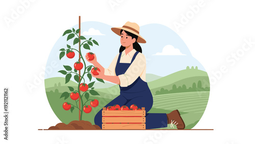 Happy female farmer wearing a straw hat and overalls harvests ripe red tomatoes in a scenic countryside agricultural field.