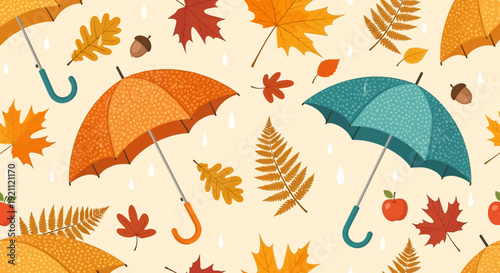 Vibrant autumn leaves and umbrellas pattern on beige background.