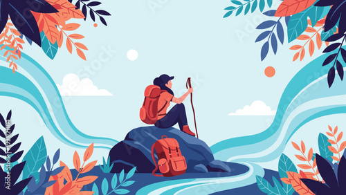 Adventurous woman hiker with a backpack sits on a mountain peak rock overlooking a winding river and lush valley landscape.