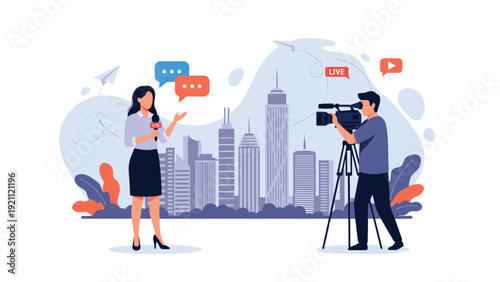 Female news reporter conducts an interview on the street while a professional cameraman films her against a city background.