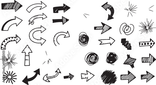 Hand-Drawn Arrows Collection in Black and White with Various Styles and Directions for Graphic Design