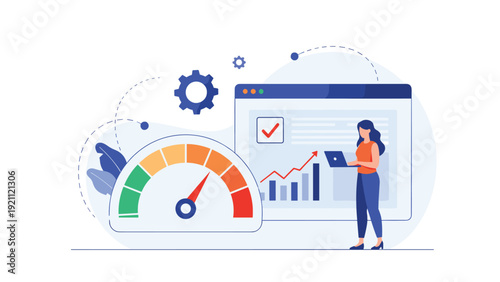 Digital marketing specialist monitors website performance and SEO ranking metrics using a dashboard and a laptop computer.