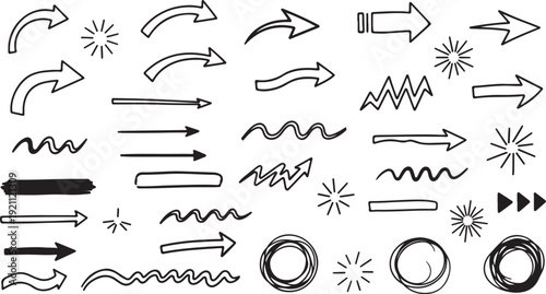 Hand drawn arrows and shapes in doodle style with black lines on white background for graphic design elements