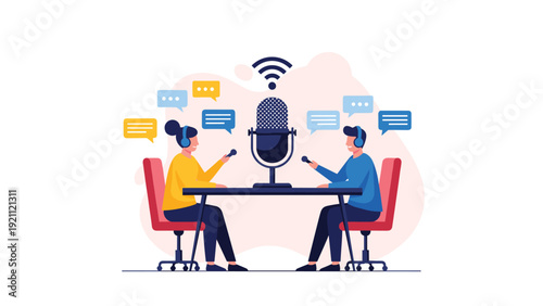 Two podcast hosts engage in a lively conversation while speaking into microphones in a studio with social media chat bubbles.