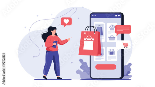 Young woman enjoys an online shopping experience by selecting items on a large smartphone screen showing various products.