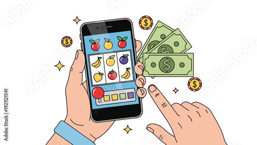Person enjoys playing a virtual slot machine casino game on a mobile phone with floating money and gambling chips icons.