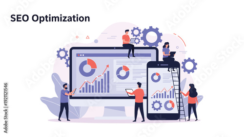 Team of experts works together to improve website SEO optimization using data charts, gears, and various digital tools.