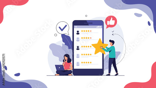 Customer feedback and online reputation management with users giving five star ratings and positive reviews on a mobile device app.