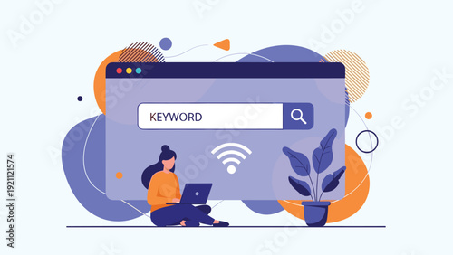 Search engine optimization concept with woman using laptop for keyword research and digital marketing strategy on abstract background.