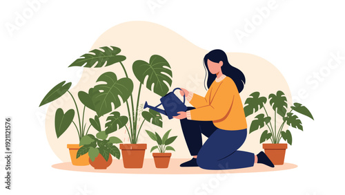 Young woman taking care of her indoor garden by watering various potted plants with a blue watering can in a cozy atmosphere.