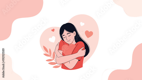 Concept of self-care and mental health awareness showing a young woman warmly embracing a red heart in a supportive manner.