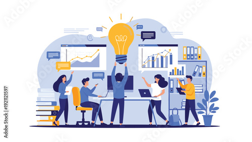 Collaborative brainstorming session with a diverse team of professionals developing creative ideas around a giant glowing lightbulb.