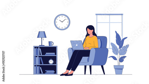 Woman sitting in a comfortable armchair at home while focused on working with her laptop in a peaceful and brightly lit room.