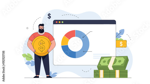 Financial professional holding a large golden coin in front of a digital business chart displaying investment and market growth.