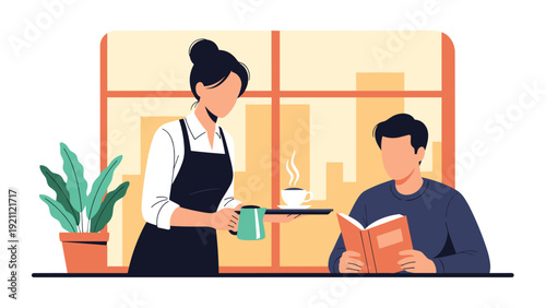 Professional female barista serving a hot cup of coffee to a male customer reading a book in a cozy and modern urban cafe.